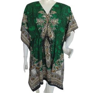 DASHIKI Caftan, OS, Green Print, Drawstring, Drop shoulder sleeve, SOMYA